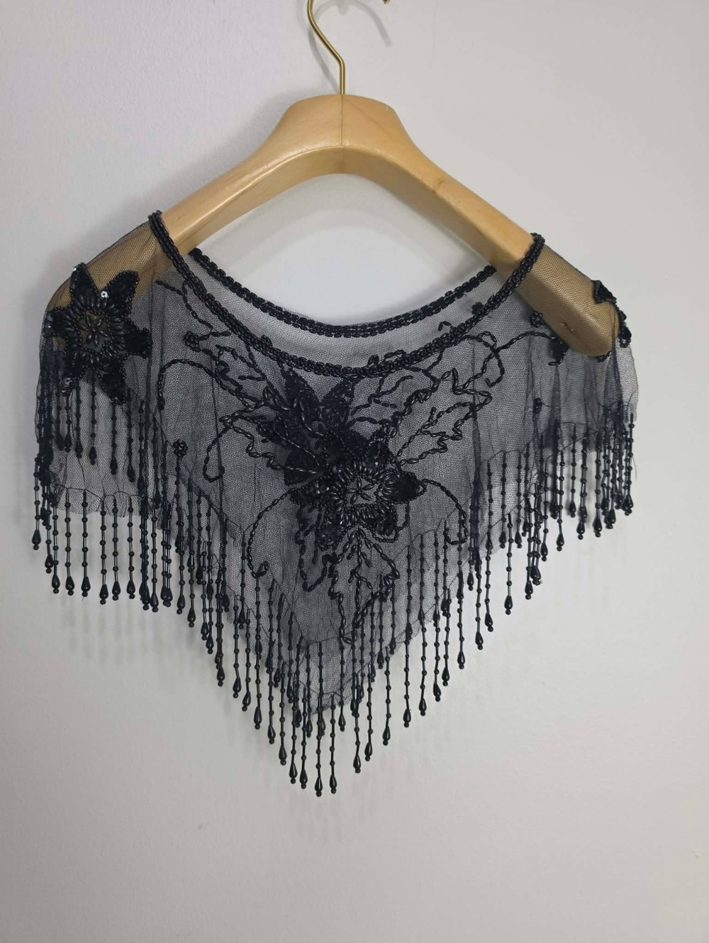 Y2K Black Beaded Mesh Fringe Shawl
